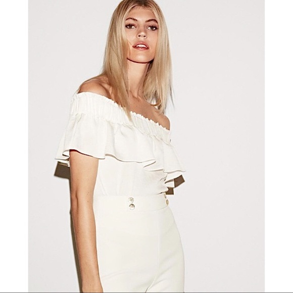 Express Tops - EXPRESS Off The Shoulder Smocked Ruffle Top in Ivory